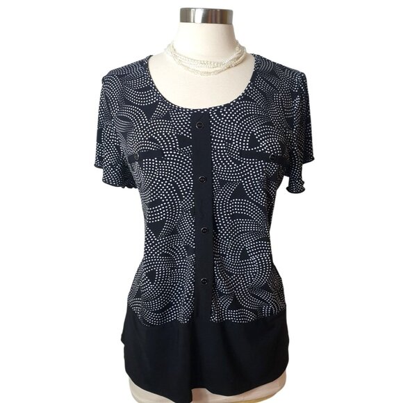 Zero 2 Eight Sz XL Blouse Black White Polka Dot SS Eclectic Stretch Office Whims - Picture 1 of 5